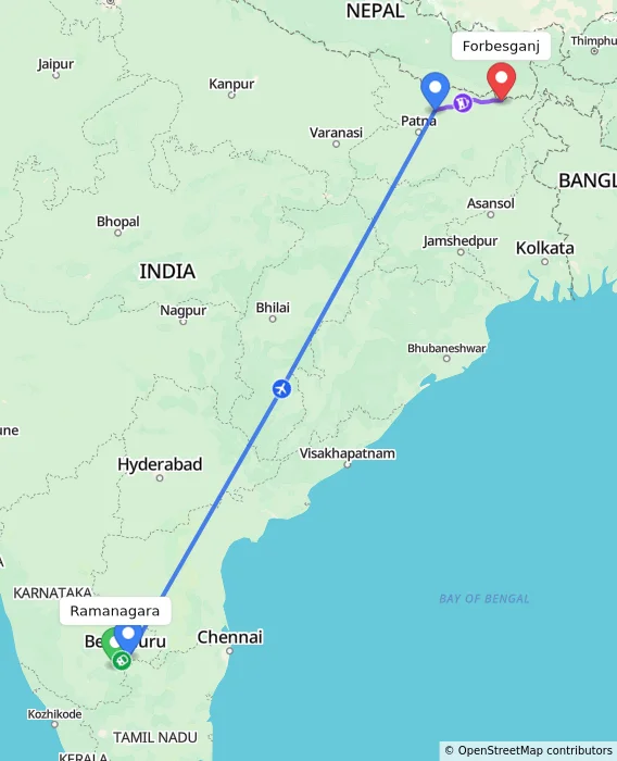 Route map showing distance and travel time from Ramanagara, India to Forbesganj, India
