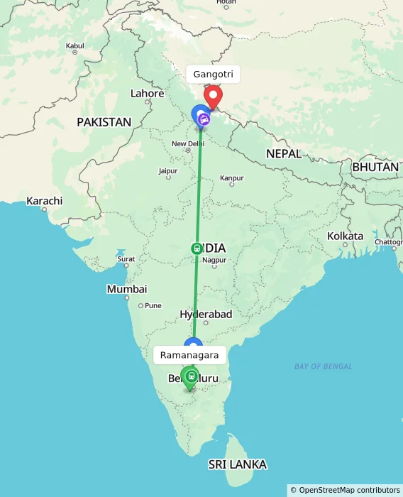 Route map showing distance and travel time from Ramanagara, India to Gangotri, India