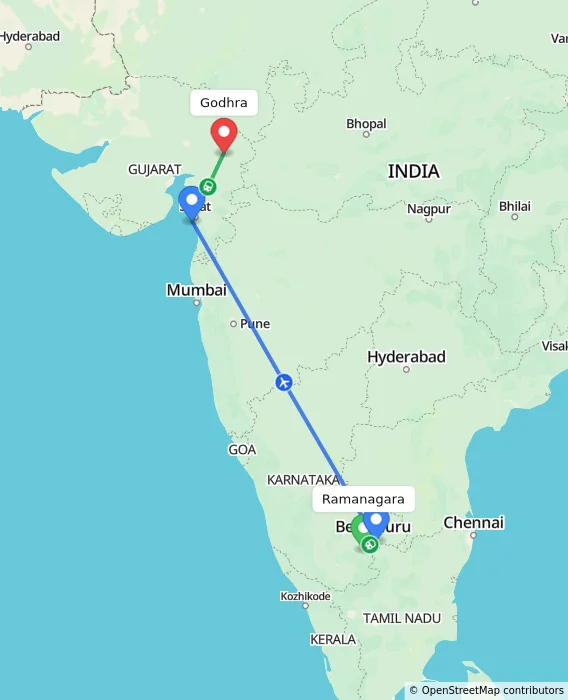 Route map showing distance and travel time from Ramanagara, India to Godhra, India