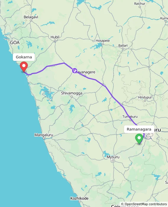 Route map showing distance and travel time from Ramanagara, India to Gokarna, India