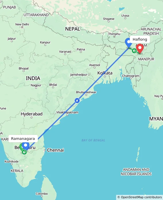 Route map showing distance and travel time from Ramanagara, India to Haflong, India