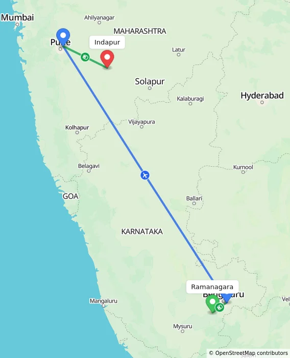 Route map showing distance and travel time from Ramanagara, India to Indapur, India