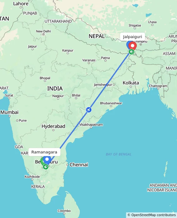 Route map showing distance and travel time from Ramanagara, India to Jalpaiguri, India