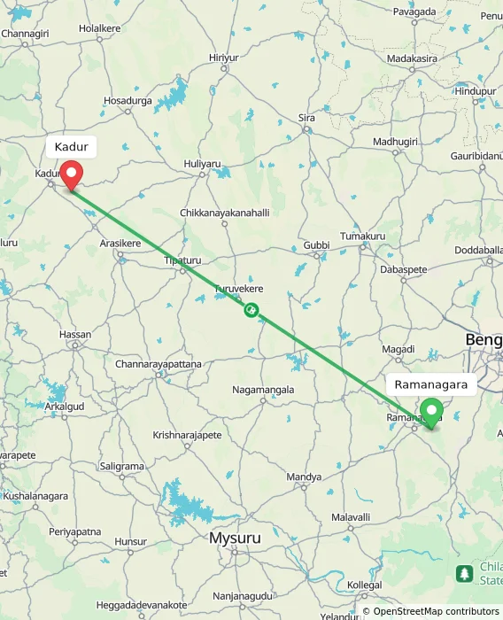 Route map showing distance and travel time from Ramanagara, India to Kadur, India