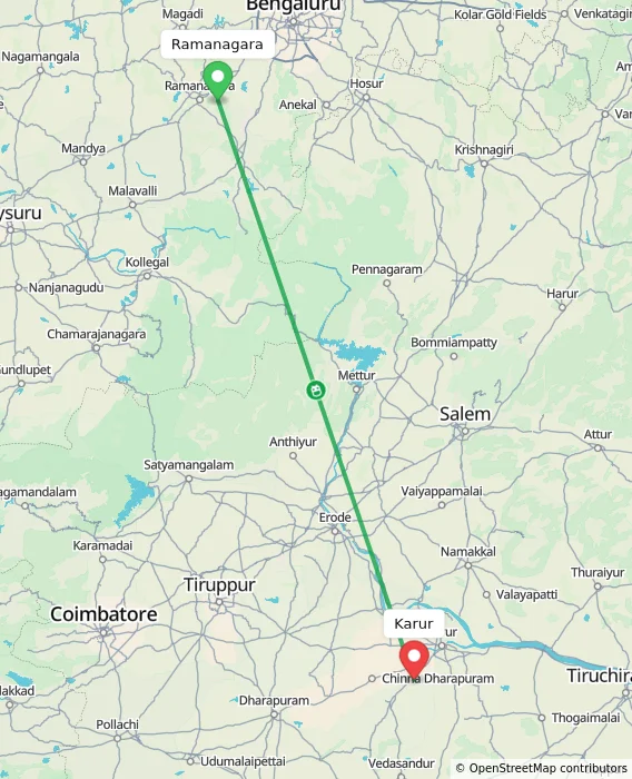Route map showing distance and travel time from Ramanagara, India to Karur, India