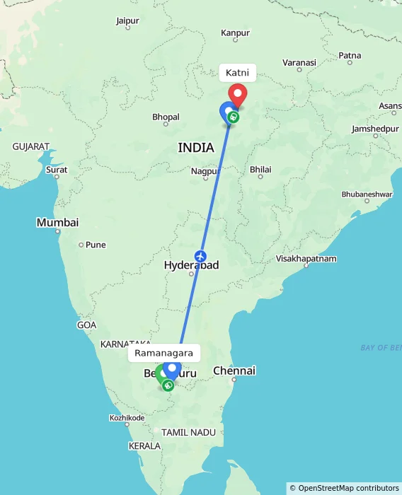 Route map showing distance and travel time from Ramanagara, India to Katni, India