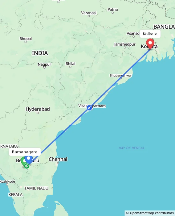 Route map showing distance and travel time from Ramanagara, India to Kolkata, India