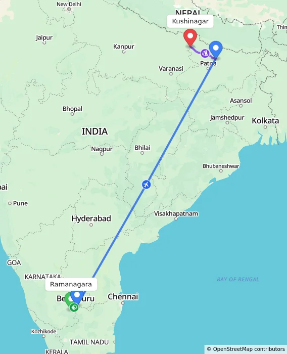 Route map showing distance and travel time from Ramanagara, India to Kushinagar, India
