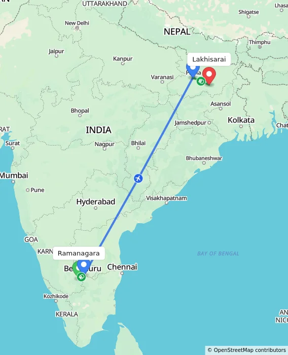 Route map showing distance and travel time from Ramanagara, India to Lakhisarai, India