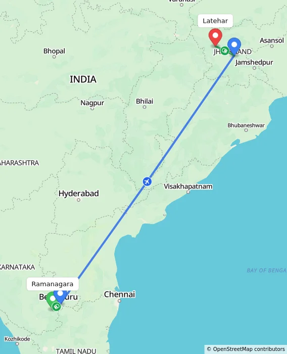 Route map showing distance and travel time from Ramanagara, India to Latehar, India