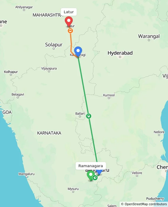 Route map showing distance and travel time from Ramanagara, India to Latur, India