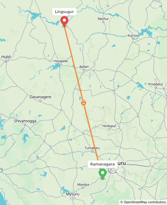 Route map showing distance and travel time from Ramanagara, India to Lingsugur, India