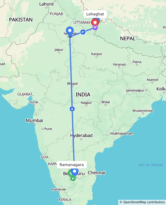 Route map showing distance and travel time from Ramanagara, India to Lohaghat, India