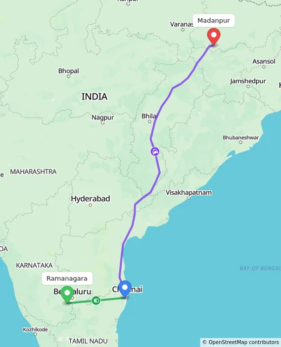 Route map showing distance and travel time from Ramanagara, India to Madanpur, India