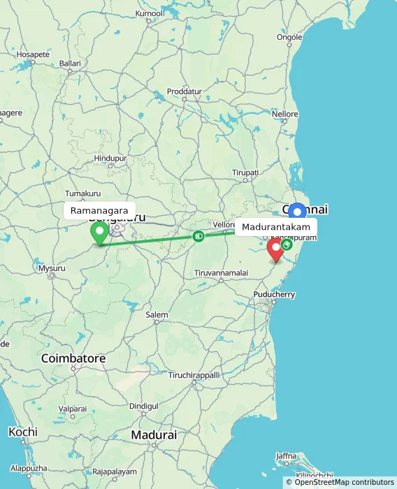Route map showing distance and travel time from Ramanagara, India to Madurantakam, India