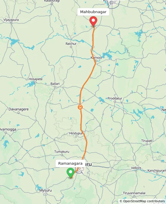 Route map showing distance and travel time from Ramanagara, India to Mahbubnagar, India