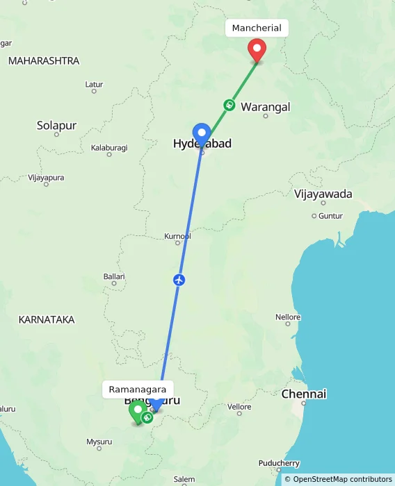 Route map showing distance and travel time from Ramanagara, India to Mancherial, India