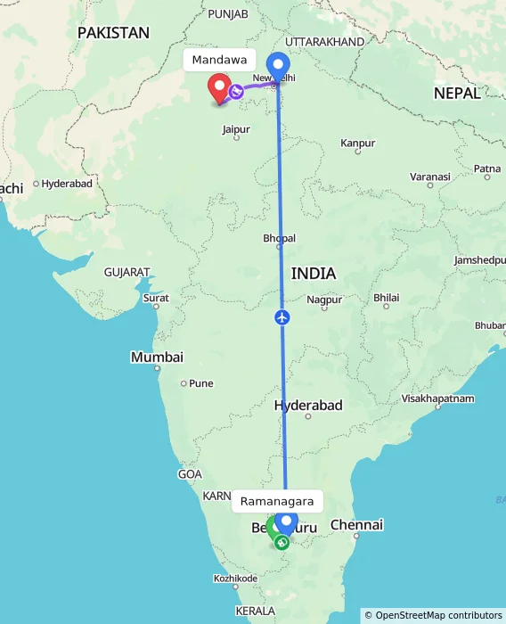 Route map showing distance and travel time from Ramanagara, India to Mandawa, India