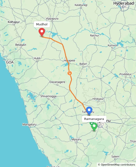 Route map showing distance and travel time from Ramanagara, India to Mudhol, India