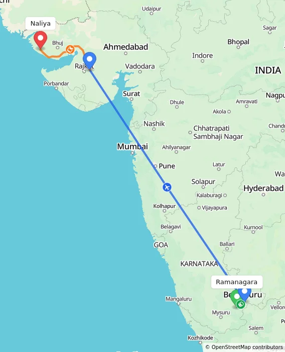 Route map showing distance and travel time from Ramanagara, India to Naliya, India