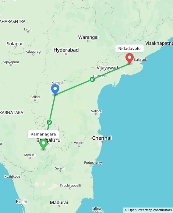 Route map showing distance and travel time from Ramanagara, India to Nidadavolu, India