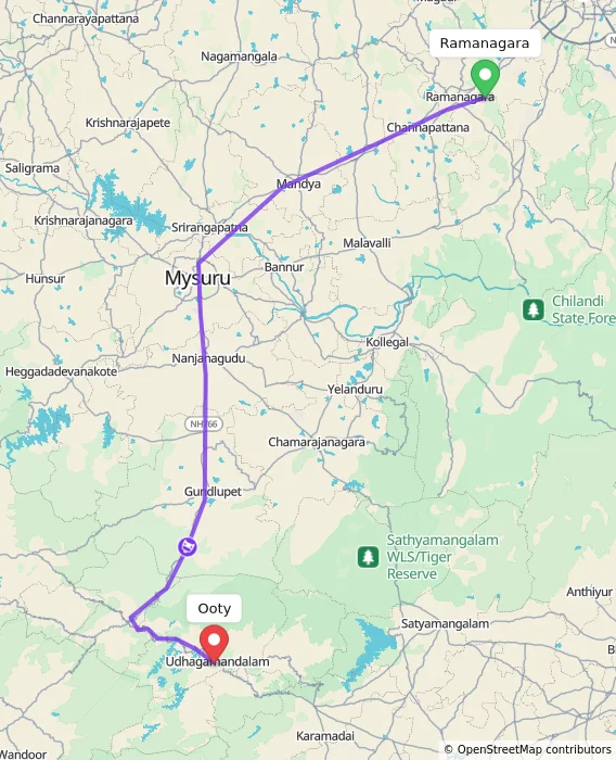 Route map showing distance and travel time from Ramanagara, India to Ooty, India