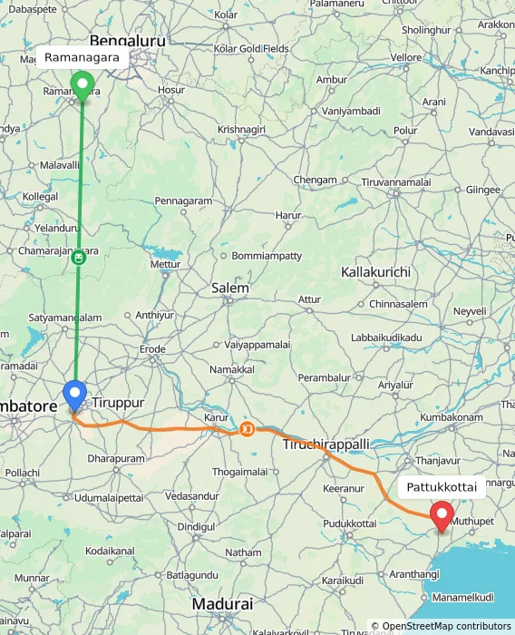 Route map showing distance and travel time from Ramanagara, India to Pattukkottai, India