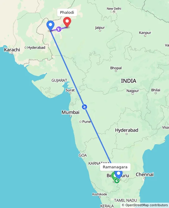 Route map showing distance and travel time from Ramanagara, India to Phalodi, India