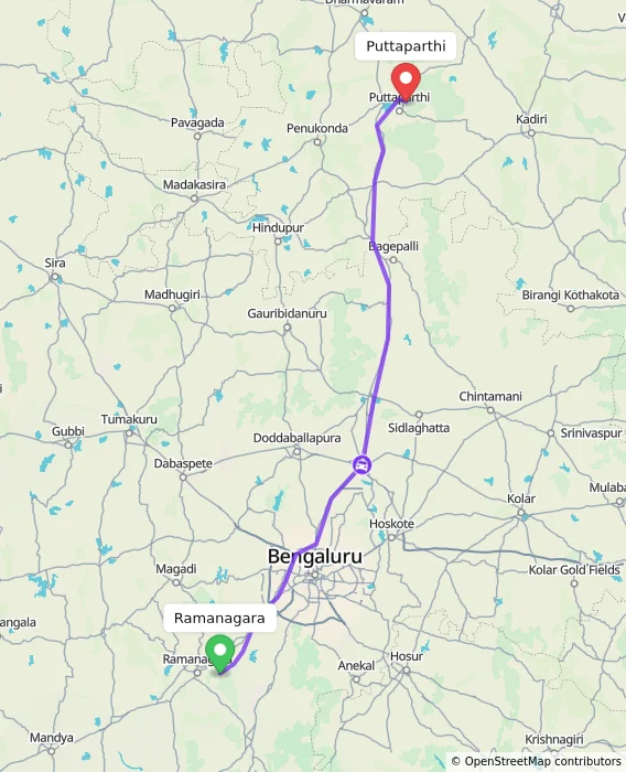 Route map showing distance and travel time from Ramanagara, India to Puttaparthi, India