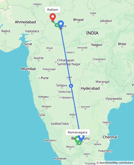 Route map showing distance and travel time from Ramanagara, India to Ratlam, India