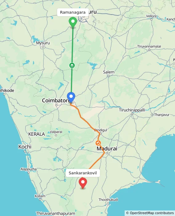 Route map showing distance and travel time from Ramanagara, India to Sankarankovil, India