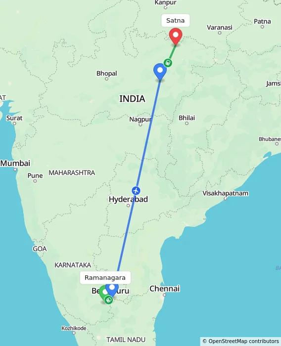Route map showing distance and travel time from Ramanagara, India to Satna, India