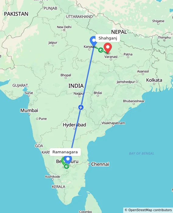 Route map showing distance and travel time from Ramanagara, India to Shahganj, India