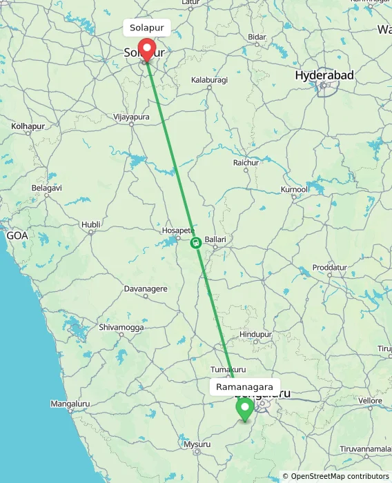Route map showing distance and travel time from Ramanagara, India to Solapur, India