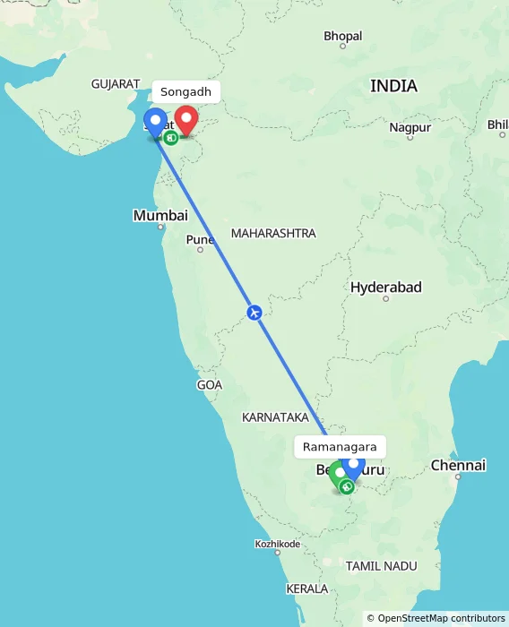 Route map showing distance and travel time from Ramanagara, India to Songadh, India