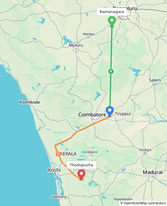 Route map showing distance and travel time from Ramanagara, India to Thodupuzha, India