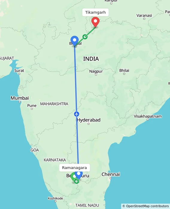 Route map showing distance and travel time from Ramanagara, India to Tikamgarh, India