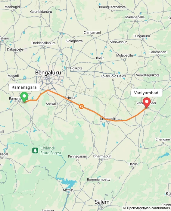 Route map showing distance and travel time from Ramanagara, India to Vaniyambadi, India