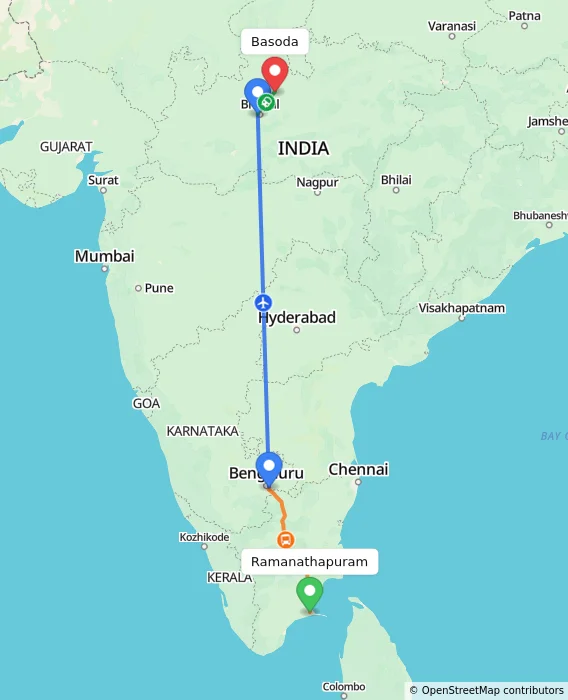 Route map showing distance and travel time from Ramanathapuram, India to Basoda, India