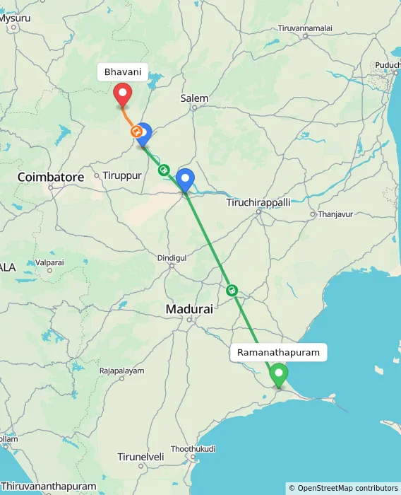 Route map showing distance and travel time from Ramanathapuram, India to Bhavani, India