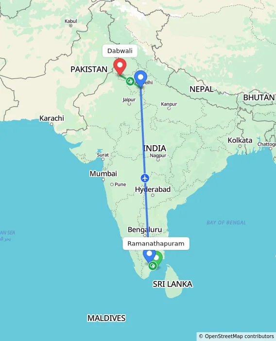 Route map showing distance and travel time from Ramanathapuram, India to Dabwali, India