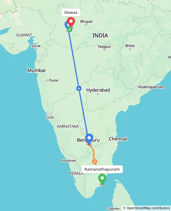 Route map showing distance and travel time from Ramanathapuram, India to Dewas, India
