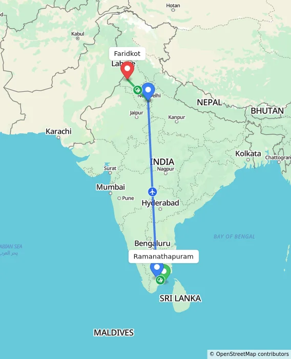 Route map showing distance and travel time from Ramanathapuram, India to Faridkot, India