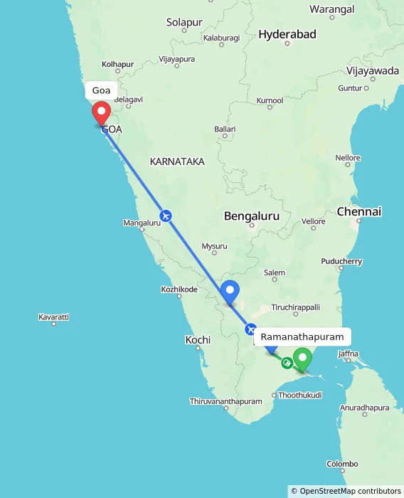 Route map showing distance and travel time from Ramanathapuram, India to Goa, India