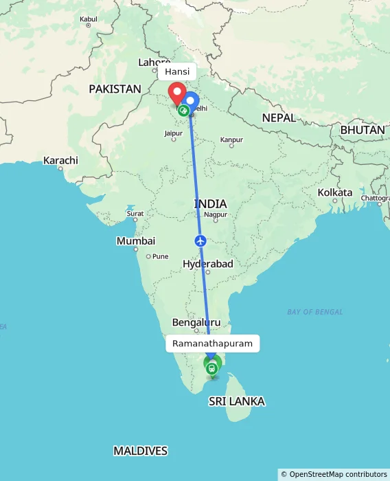 Route map showing distance and travel time from Ramanathapuram, India to Hansi, India