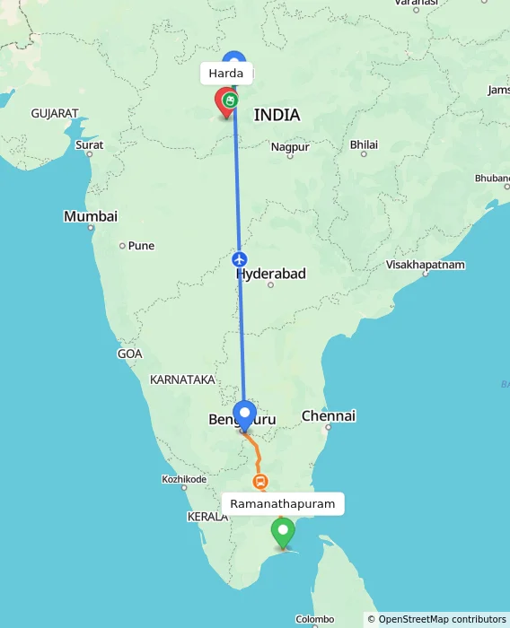 Route map showing distance and travel time from Ramanathapuram, India to Harda, India