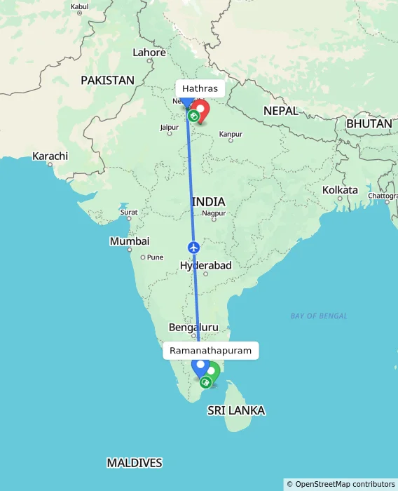 Route map showing distance and travel time from Ramanathapuram, India to Hathras, India