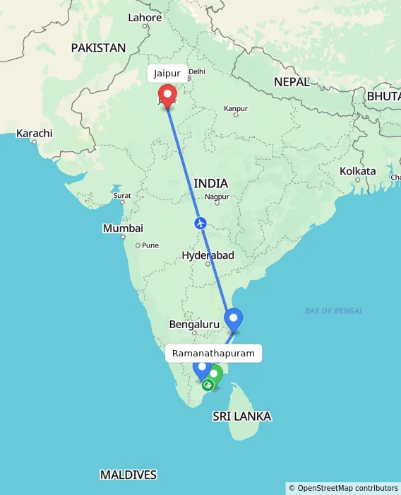 Route map showing distance and travel time from Ramanathapuram, India to Jaipur, India