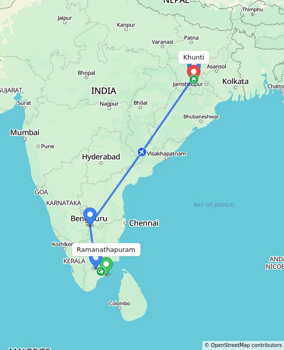 Route map showing distance and travel time from Ramanathapuram, India to Khunti, India
