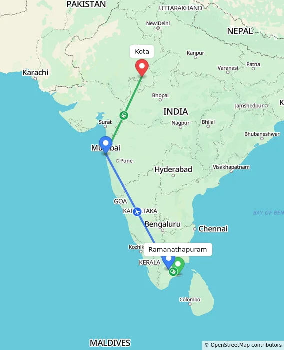 Route map showing distance and travel time from Ramanathapuram, India to Kota, India